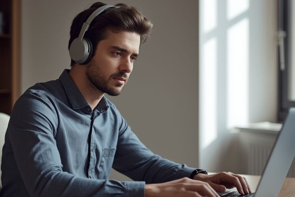 focused remote work setup with organized desk and productivity environment at home office