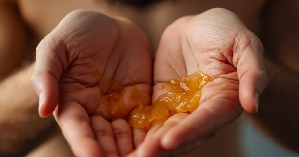 Man warming beard balm between palms before applying -- correct technique for beard balm application